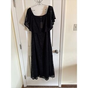 NWT Ellen Weaver Black Lace Overlay Maxi Dress W Flutter Sleeves Sz 1X Peasant